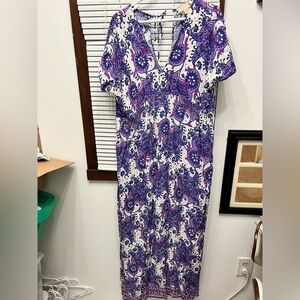 Michael Kors purple Blue Maxi Dress L Short Sleeve Stretch Career $234 NEW
